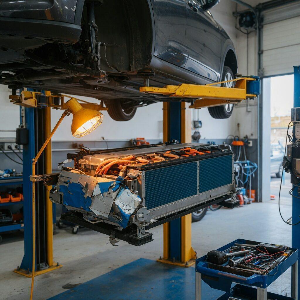Batterie eines Elektroautos auf der Hebebühne wird nach dem Unfall inspiziert