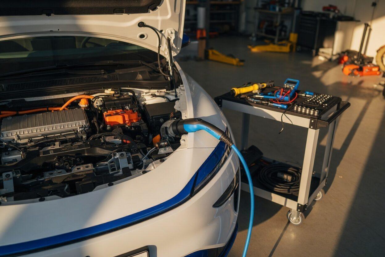 Elektroauto mit geöffneter Motorhaube in einer hellen Werkstatt