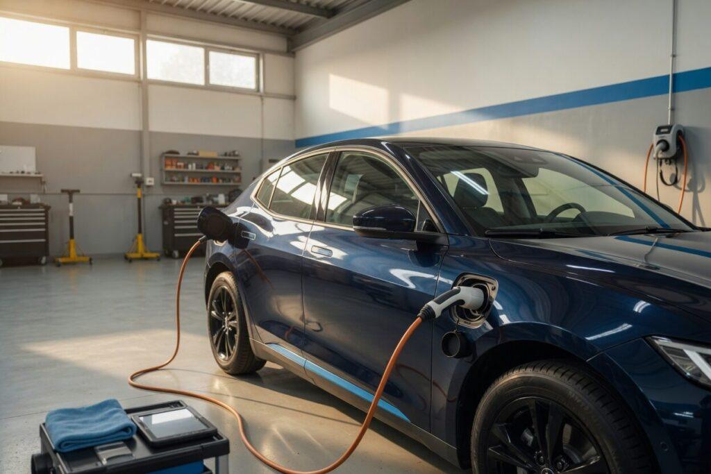 Repariertes Elektroauto mit glänzendem Lack in der hell erleuchteten Werkstatt